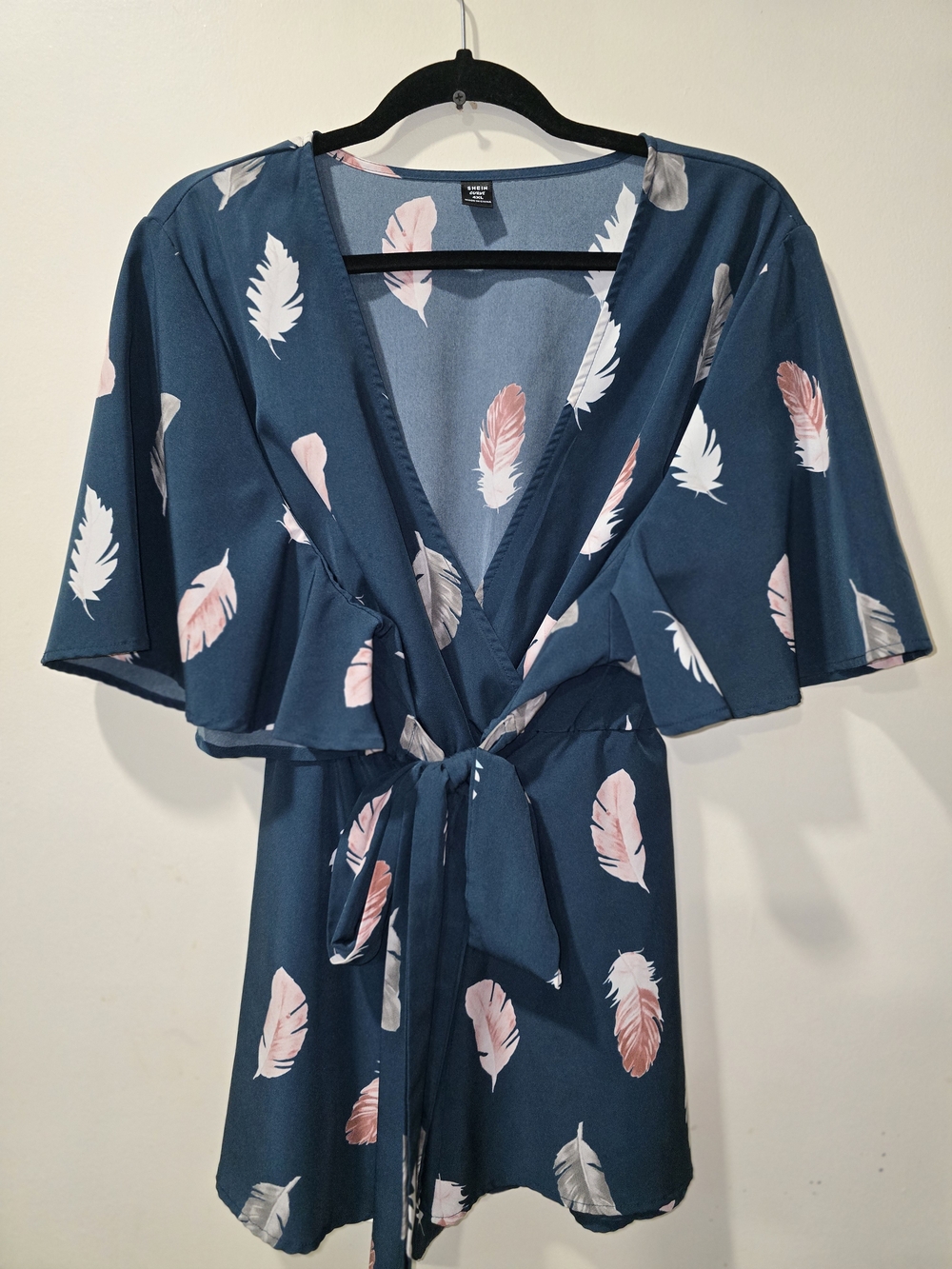 SHEIN Teal Feather-Print Tie Front Blouse - Pink & White Feathers